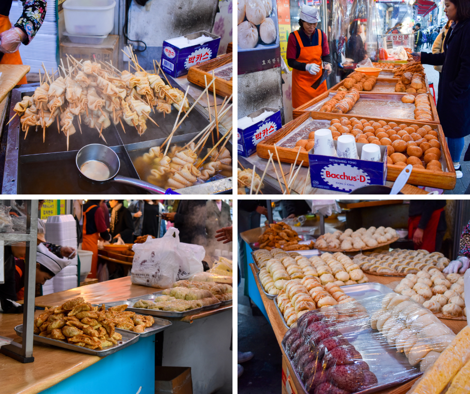 Korean street food stalls set up in the Namdaemun market. 