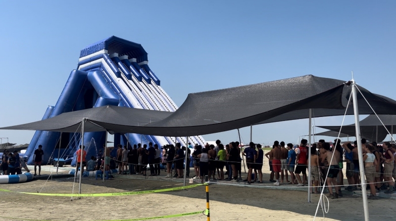 A long long on Aug. 7 forms in front of a water slide to cool off at the 25th World Scout Jamboree in Saemangeum. Egyptian Amir Achaia said, 