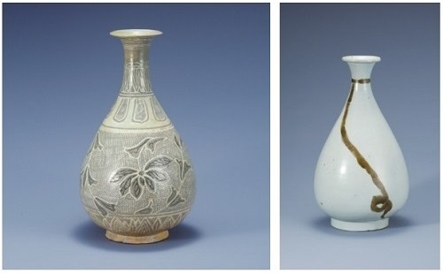 Buncheong Bottle with Lotus and Vine Design (Joseon, 15th century); White Porcelain Bottle with String Design in Underglaze Iron (Joseon, 16th century)