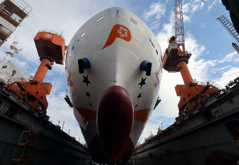 The Panstar Miracle, the first cruise ferry made with domestic technology, is unveiled on Oct. 10 at a ship launching ceremony