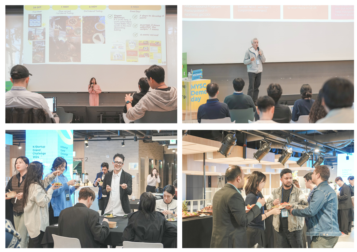 Snippets from presentations by the CEOs of the startups (Top) and presenters engaging in conversation during their break (Bottom) at the K-Startup Grand Challenge Demo Day 2024. 