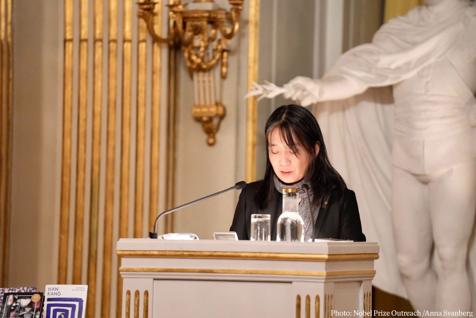 Author Han Kang on the afternoon of Dec. 7 speaks at this year's Nobel Prize lecture in literature at the Swedish Academy in Stockholm, Sweden. (Nobel Prize's official Facebook page)  