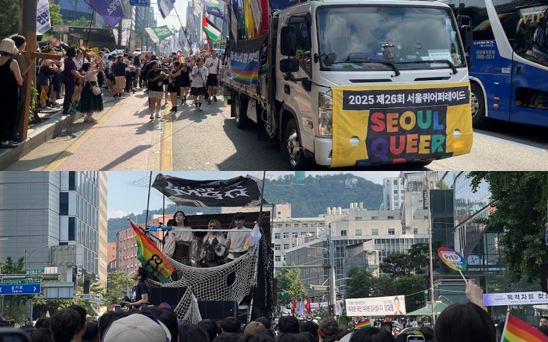 Participants march alongside colorful tricks filled with vibrant music. 