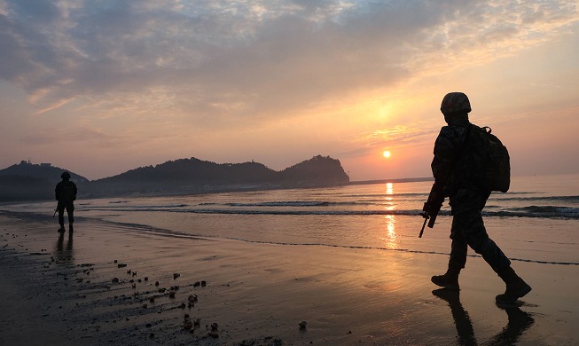 Marines stand guard on Baengnyeongdo Island