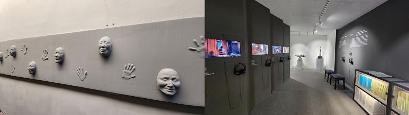 On the left is a plaster display at the War and Women's Human Rights Museum in Seoul's Mapo-gu District featuring the faces and hands of women forced into sexual slavery before and after World War II. On the right is the inside of the North Korean Human Rights Museum in the city's Jongno-gu District.